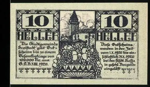 Notgeld Freistadt 1920, 10 Heller, Stadtansicht und Blumenkorb