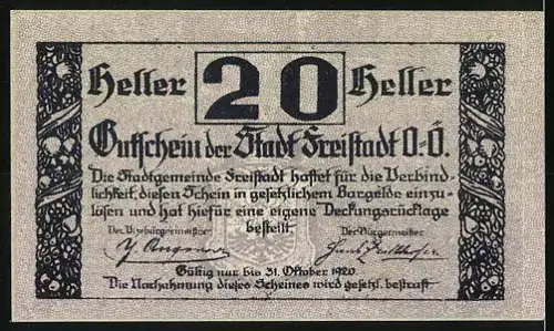 Notgeld Freistadt 1920, 10 Heller, Stadtansicht und Blumenkorb