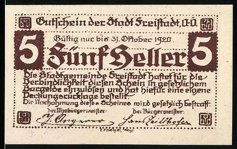 Notgeld Freistadt 1920, 5 Heller, Stadtansichten und Wappen