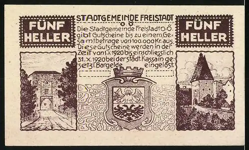 Notgeld Freistadt 1920, 5 Heller, Stadtansichten und Wappen