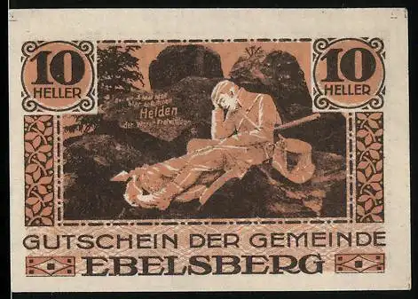 Notgeld Ebelsberg 1920, 10 Heller, schlafender Soldat, Text Den Helden der Heimat