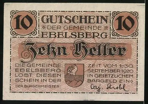 Notgeld Ebelsberg 1920, 10 Heller, schlafender Soldat, Text Den Helden der Heimat