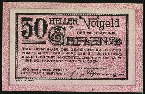 Notgeld Gaflenz 1920, 50 Heller, Landschaftsansicht Gaflenz, Genehmigungstext