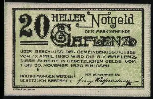 Notgeld Gaflenz 1920, 20 Heller, Marktplatz-Motiv, kunstvolle Ornamente