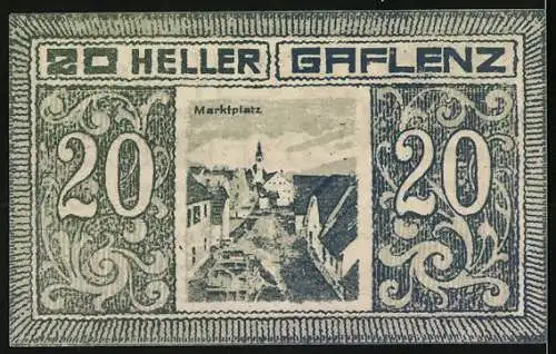 Notgeld Gaflenz 1920, 20 Heller, Marktplatz-Motiv, kunstvolle Ornamente