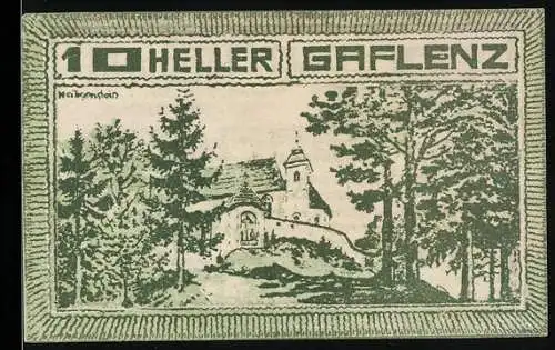 Notgeld Gaflenz 1920, 10 Heller, Kirche in Waldlandschaft