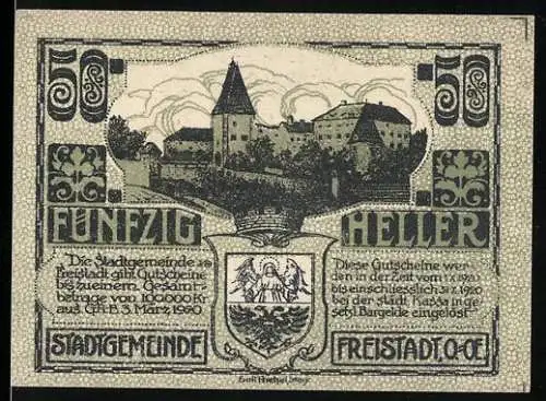 Notgeld Freistadt 1920, 50 Heller, Burgansicht und Stadtwappen