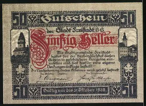 Notgeld Freistadt 1920, 50 Heller, Burgansicht und Stadtwappen