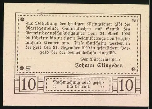 Notgeld Gallneukirchen 1920, 10 Heller, Schloss Riedegg und Spruch Aus den Ruinen blüht neues Leben