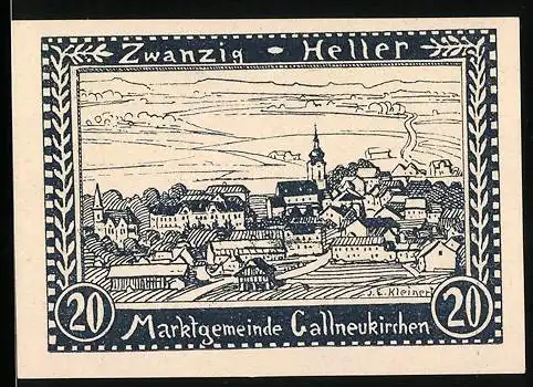 Notgeld Gallneukirchen 1920, 20 Heller, Stadtansicht mit Kirche und Landschaft