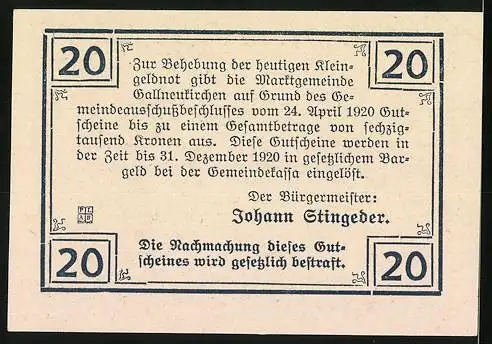 Notgeld Gallneukirchen 1920, 20 Heller, Stadtansicht mit Kirche und Landschaft