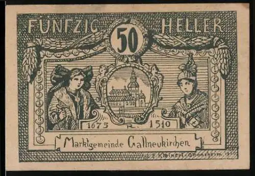 Notgeld Gallneukirchen 1920, 50 Heller, Stadtansicht mit historischen Figuren und Inschrift