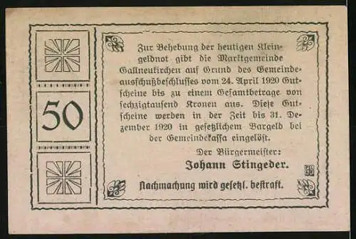 Notgeld Gallneukirchen 1920, 50 Heller, Stadtansicht mit historischen Figuren und Inschrift