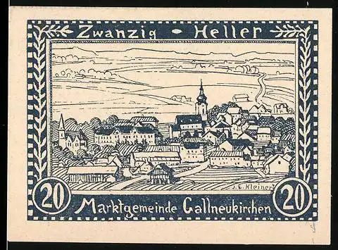 Notgeld Gallneukirchen 1920, 20 Heller, Stadtansicht mit Kirche und Hügeln im Hintergrund