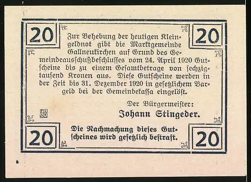 Notgeld Gallneukirchen 1920, 20 Heller, Stadtansicht mit Kirche und Hügeln im Hintergrund