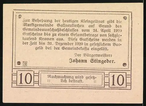 Notgeld Gallneukirchen 1920, 10 Heller, Schloss Riedegg und Motto Aus den Ruinen blüht neues Leben