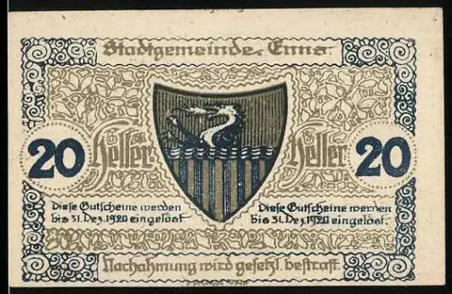 Notgeld Enns 1920, 20 Heller, Wappen mit Storch und Kirchturm-Motiv