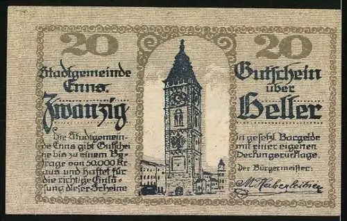 Notgeld Enns 1920, 20 Heller, Wappen mit Storch und Kirchturm-Motiv