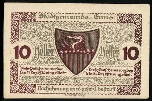 Notgeld Enns 1920, 10 Heller, Stadtwappen und Stadtturm-Motiv