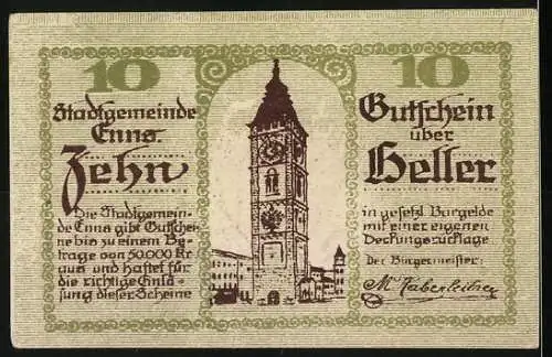 Notgeld Enns 1920, 10 Heller, Stadtwappen und Stadtturm-Motiv