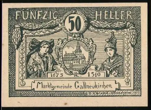 Notgeld Gallneukirchen 1920, 50 Heller, historische Porträts und Gebäude im Rahmenornament