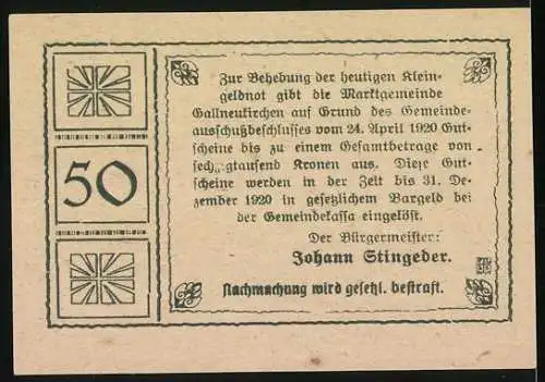 Notgeld Gallneukirchen 1920, 50 Heller, historische Porträts und Gebäude im Rahmenornament