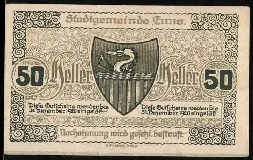 Notgeld Enns 1920, 50 Heller, Stadtwappen und Kirchturm, dekorative Schriftzüge