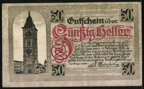 Notgeld Enns 1920, 50 Heller, Stadtwappen und Kirchturm, dekorative Schriftzüge