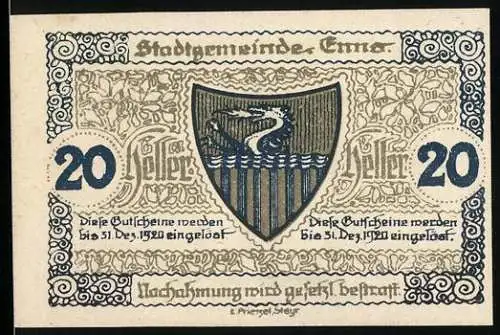 Notgeld Enns 1920, 20 Heller, Wappen und Uhrturm-Motiv