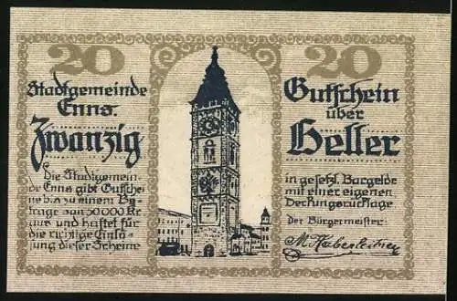 Notgeld Enns 1920, 20 Heller, Wappen und Uhrturm-Motiv