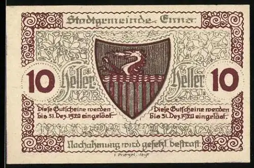 Notgeld Enns 1920, 10 Heller, Stadtwappen und Turmabbildung