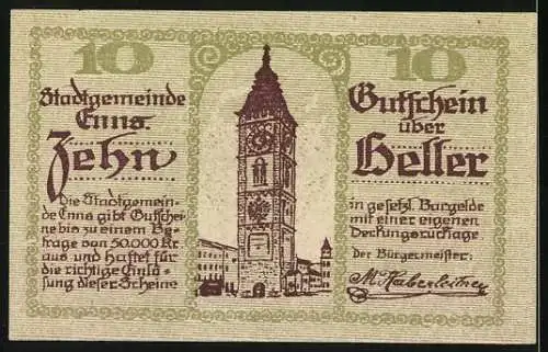 Notgeld Enns 1920, 10 Heller, Stadtwappen und Turmabbildung