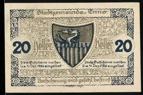 Notgeld Enns 1920, 20 Heller, Wappen mit Storch und Uhrturm-Motiv