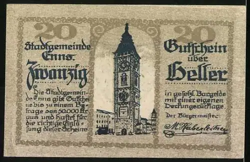 Notgeld Enns 1920, 20 Heller, Wappen mit Storch und Uhrturm-Motiv