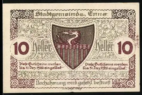 Notgeld Enns 1920, 10 Heller, Wappen mit Drache und Turmansicht der Stadtkirche