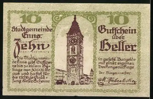 Notgeld Enns 1920, 10 Heller, Wappen mit Drache und Turmansicht der Stadtkirche