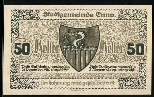 Notgeld Enns 1920, 50 Heller, Stadtwappen und Uhrturm-Motiv