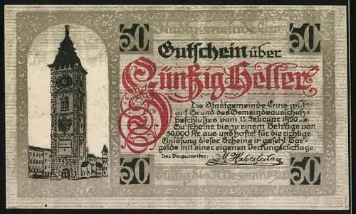 Notgeld Enns 1920, 50 Heller, Stadtwappen und Uhrturm-Motiv