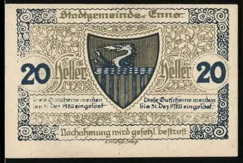 Notgeld Enns 1920, 20 Heller, Stadtwappen und Stadtturm-Motiv, Seriennummer und kompliziertes Muster