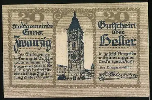 Notgeld Enns 1920, 20 Heller, Stadtwappen und Stadtturm-Motiv, Seriennummer und kompliziertes Muster