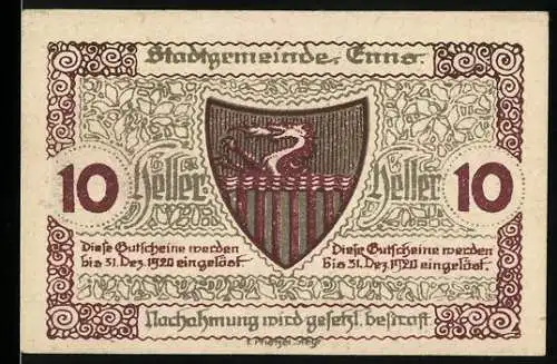 Notgeld Enns 1920, 10 Heller, Wappen und Stadtturm von Enns