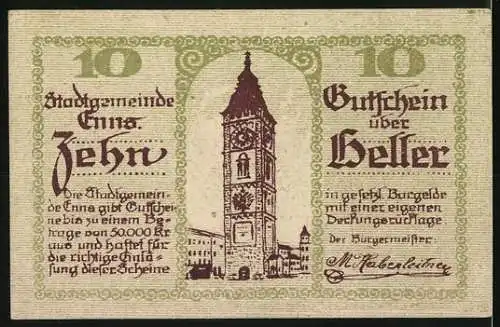 Notgeld Enns 1920, 10 Heller, Wappen und Stadtturm von Enns