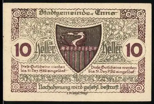 Notgeld Enns 1920, 10 Heller, Stadtwappen und Uhrturm