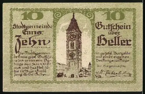 Notgeld Enns 1920, 10 Heller, Stadtwappen und Uhrturm