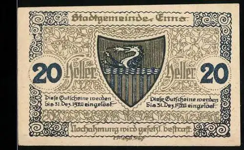 Notgeld Enns 1920, 20 Heller, Stadtturm und Stadtwappen mit Drache