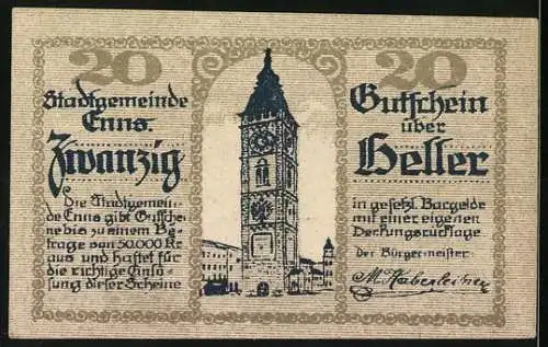 Notgeld Enns 1920, 20 Heller, Stadtturm und Stadtwappen mit Drache