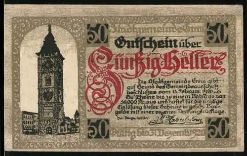 Notgeld Enns 1920, 50 Heller, Stadtturm und Stadtwappen mit Drachenmotif