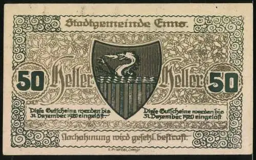 Notgeld Enns 1920, 50 Heller, Stadtturm und Stadtwappen mit Drachenmotif