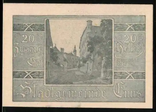 Notgeld Enns 1920, 20 Heller, Stadtansicht mit Wappen und Unterschriften