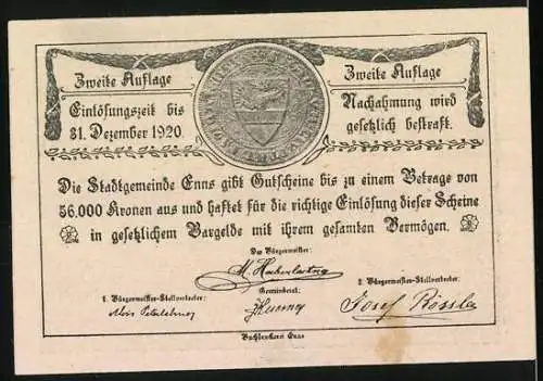 Notgeld Enns 1920, 20 Heller, Stadtansicht mit Wappen und Unterschriften